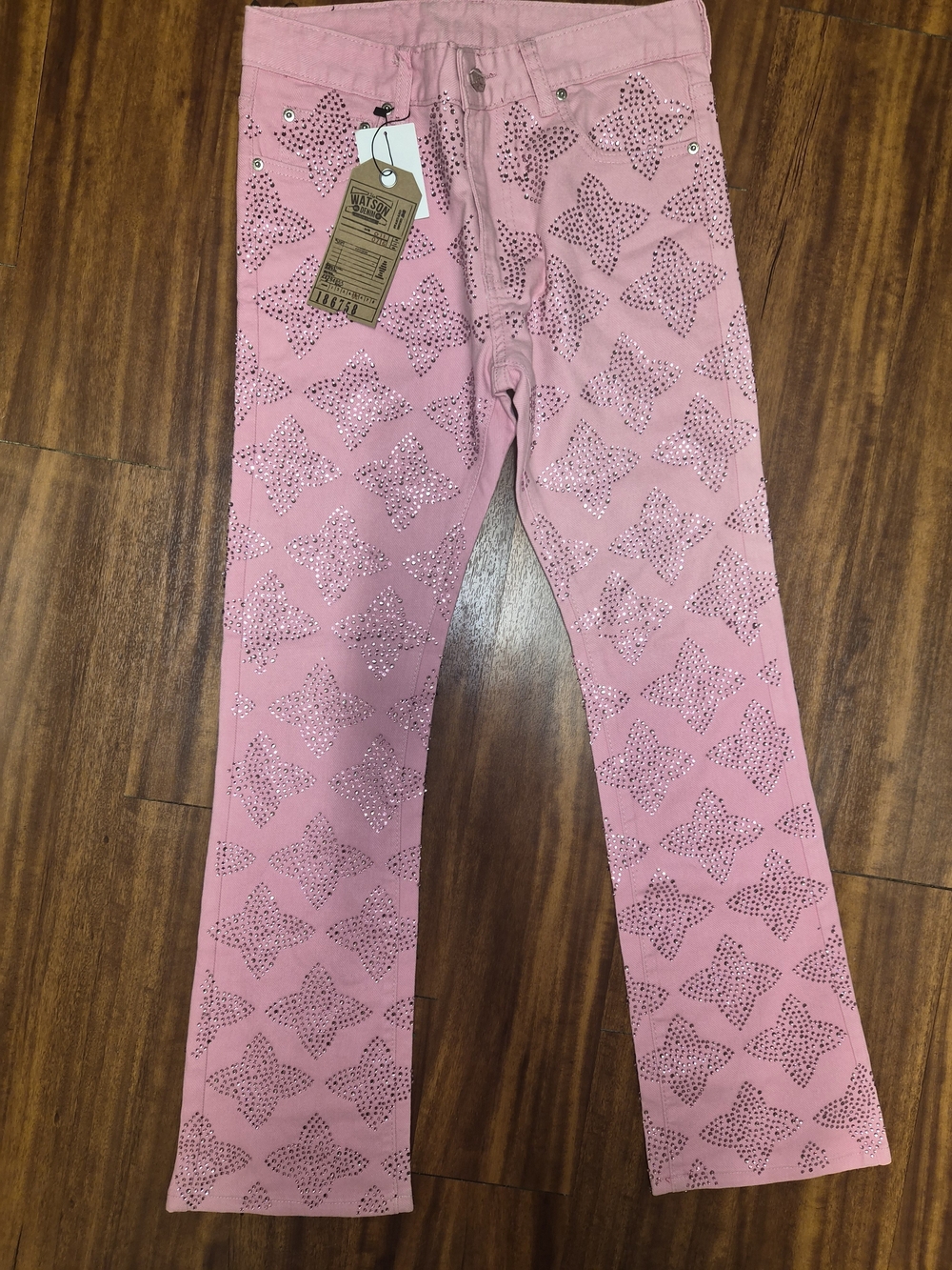 Women's Pink Straight-Leg Jeans with Studded Star Motif